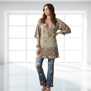 Kool Hearts Boho Cotton A-Line Dress L | Bohemian V-Neck Tunic Tie-Back Festival